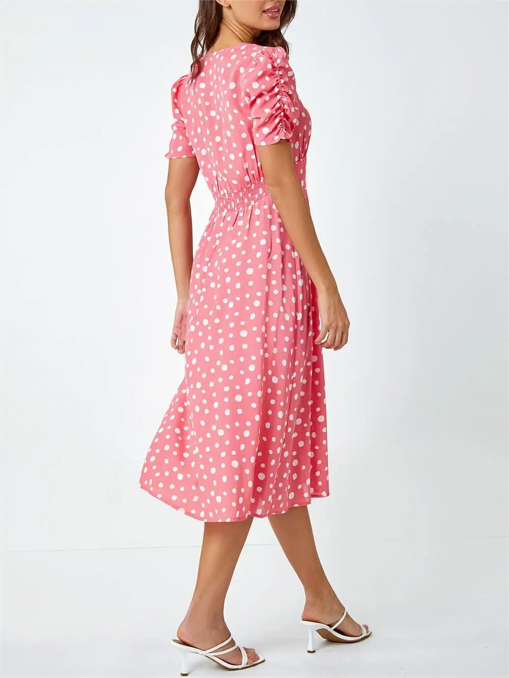 V-neck polka dot button dress