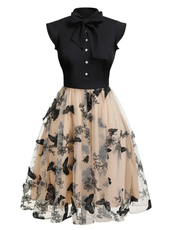 BLACK 1950S BUTTERFLY PATCHWORK VINTAGE DRESS