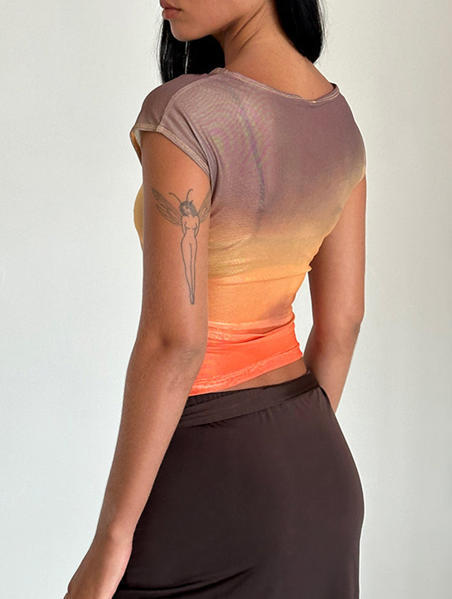 Mesh Printed Orange Sunset Bastille Top