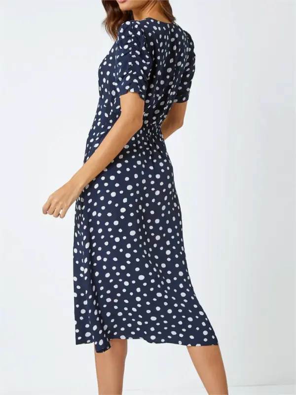 Navy Polka Dot Ruched Sleeve Midi Dress