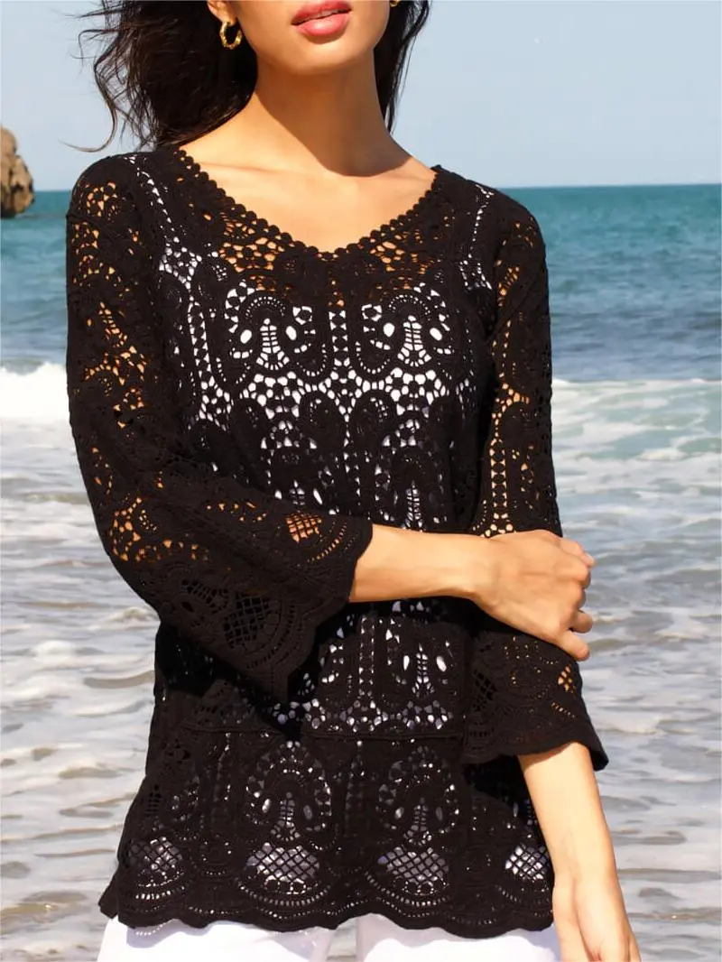 Black Cotton Crochet Tunic Top