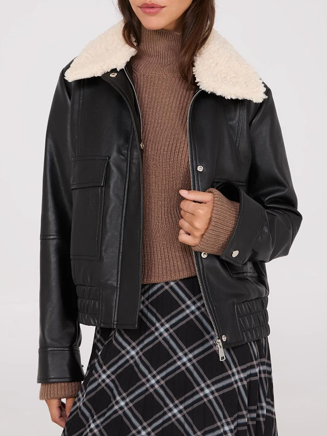 Faux Leather Jacket With Shearling Collar