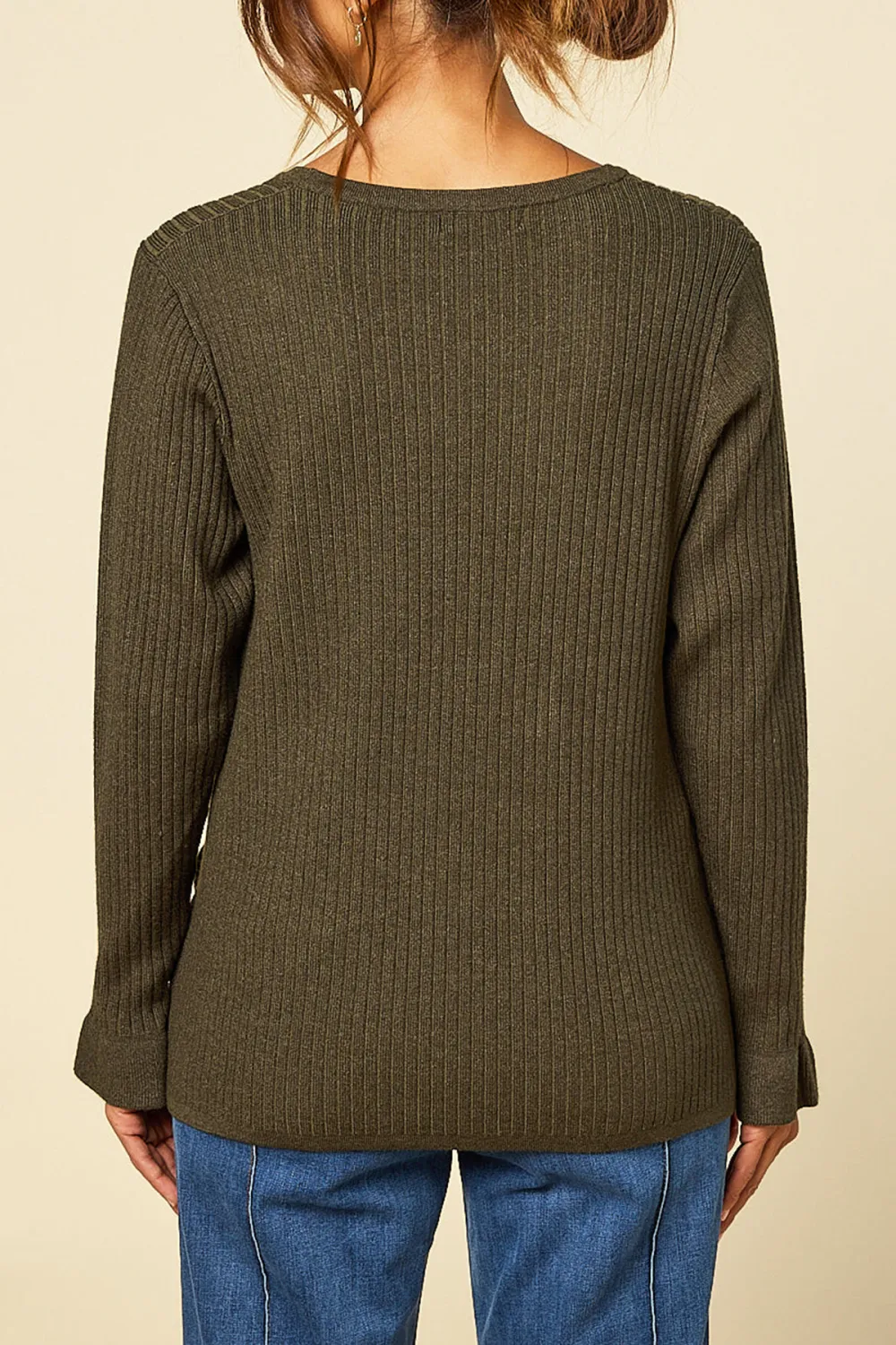 Long Sleeve Knitted Top In Khaki