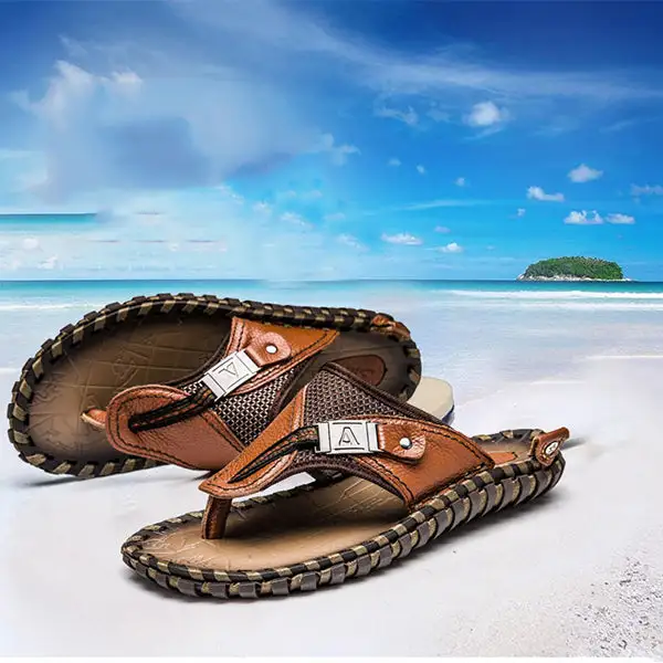 2024 Summer Plus Size Hand-made Genuine Leather Men Slippers Beach Sandals