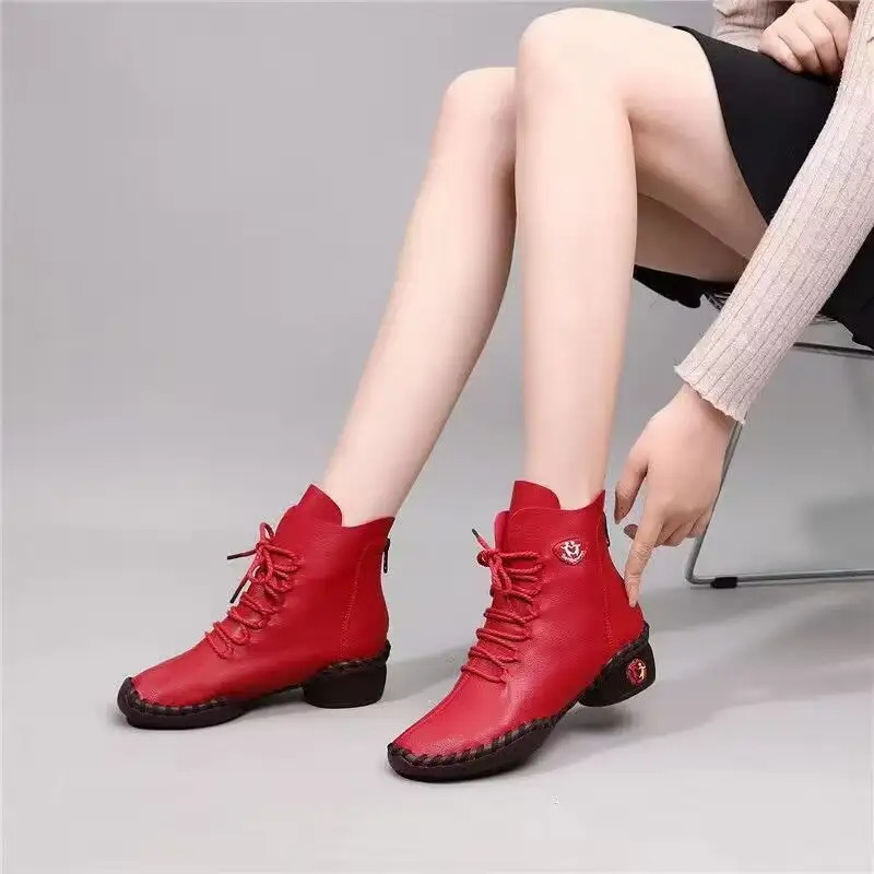 Cilool Lace Up Leather Shoes  Plush Ankle Booties Warm Orthopedic Loafers