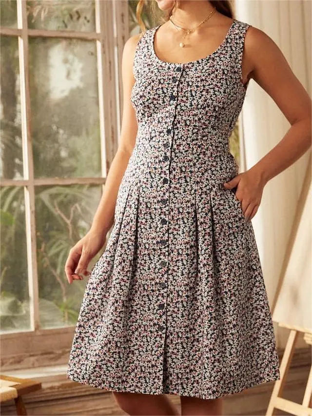 Floral Printed Button Down Sleeveless Dresses