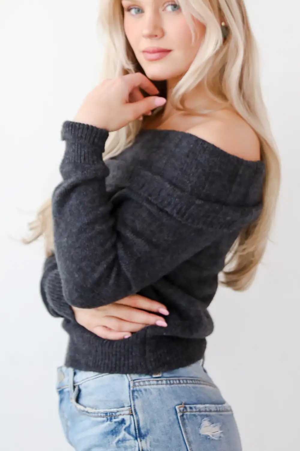 Dazzling Coziness Charcoal Off-The-Shoulder Sweater - DOORBUSTER