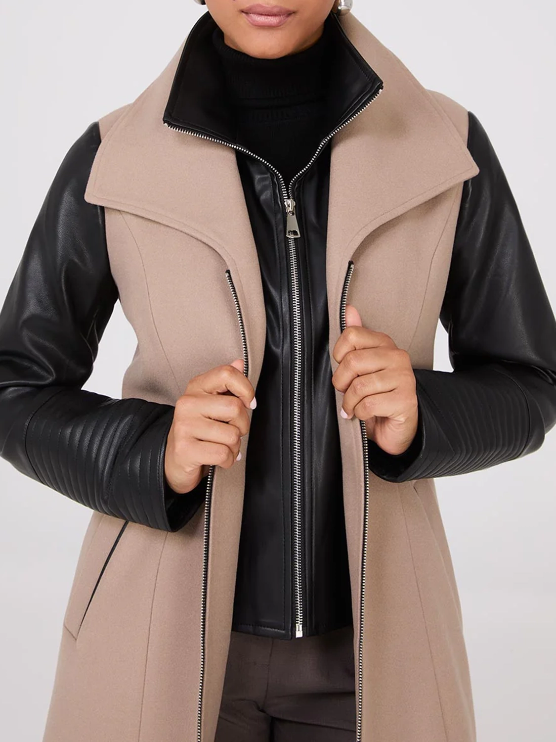 Mid-Length Coat With Faux Leather Details