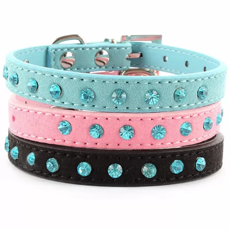 Small Pet Dog Velvet PU Leather Collar Puppy Cat Crystal Rhinestone Neck Strap