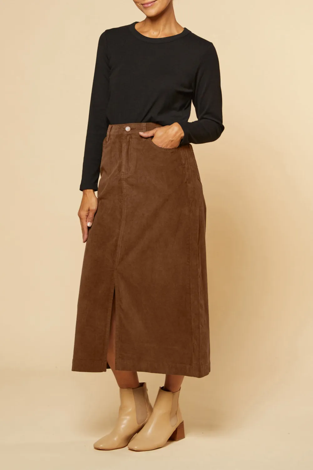 Adrift Split Brushed Cotton Skirt in Chocolate