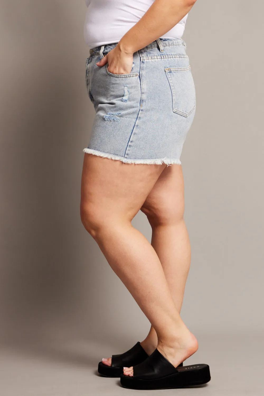 Denim Relaxed Shorts High Rise Distressed Hem