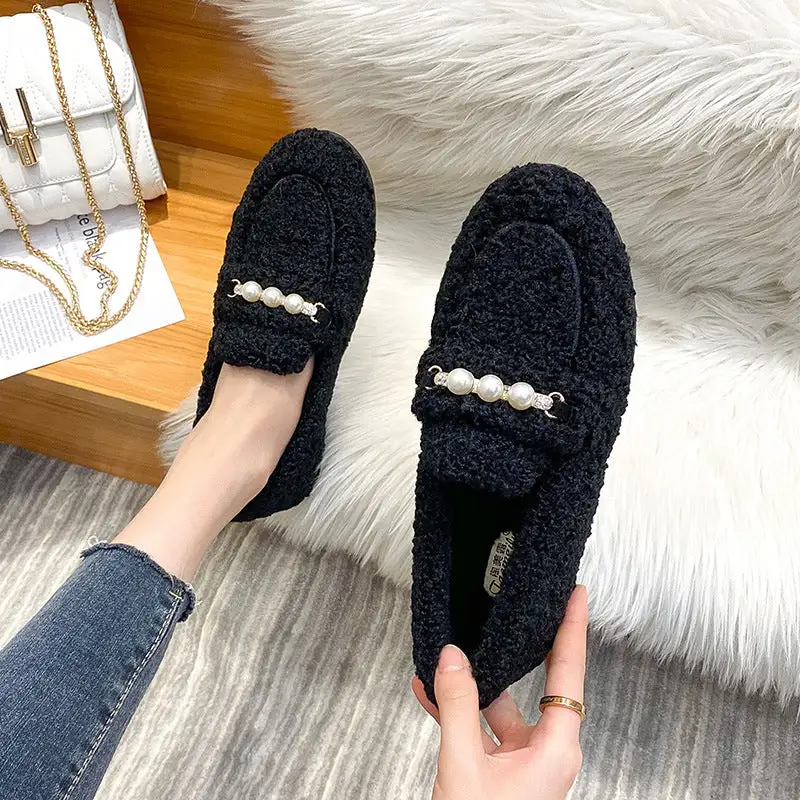 Furry Outer Wearing Flats Loafers Pearl Decor Backless  Wild Fluffy Flat Mules Warm