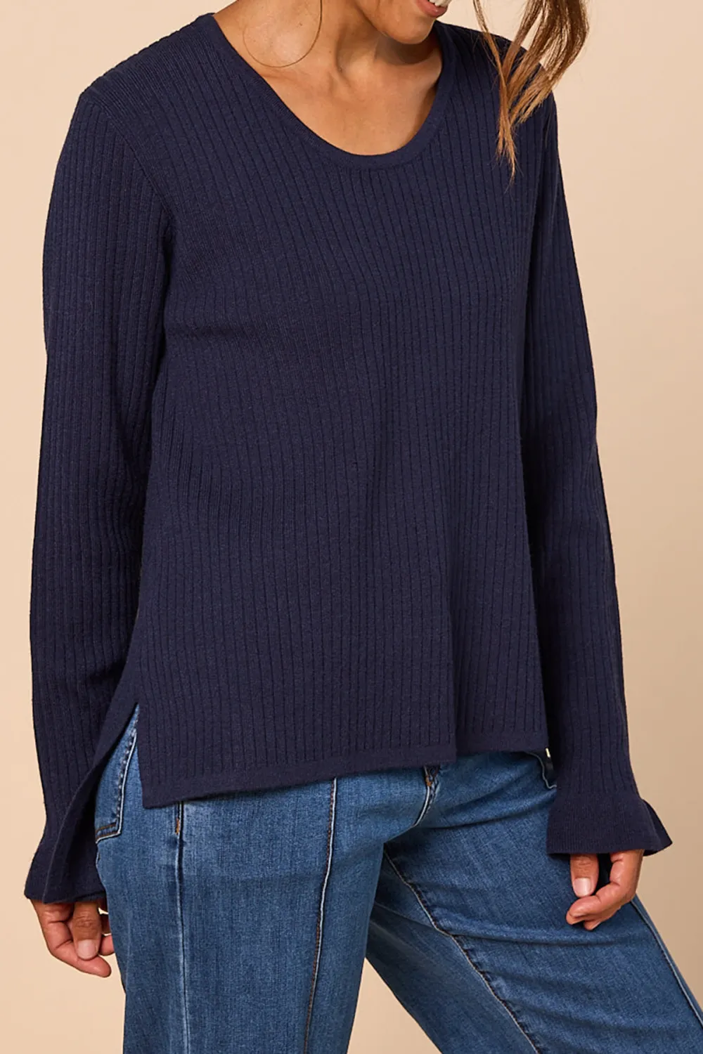 Long Sleeve Knitted Top In Navy