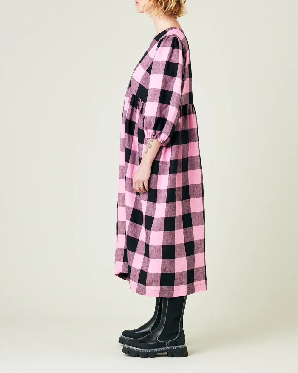 ABBIE PINK & BLACK MEGA CHECK LINEN DRESS