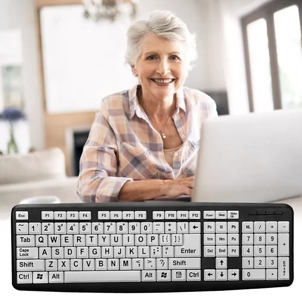 107 Key USB Wired Big Print White Key Black Letter Keyboard for Elder Old People Designed for People With Visual Impairment