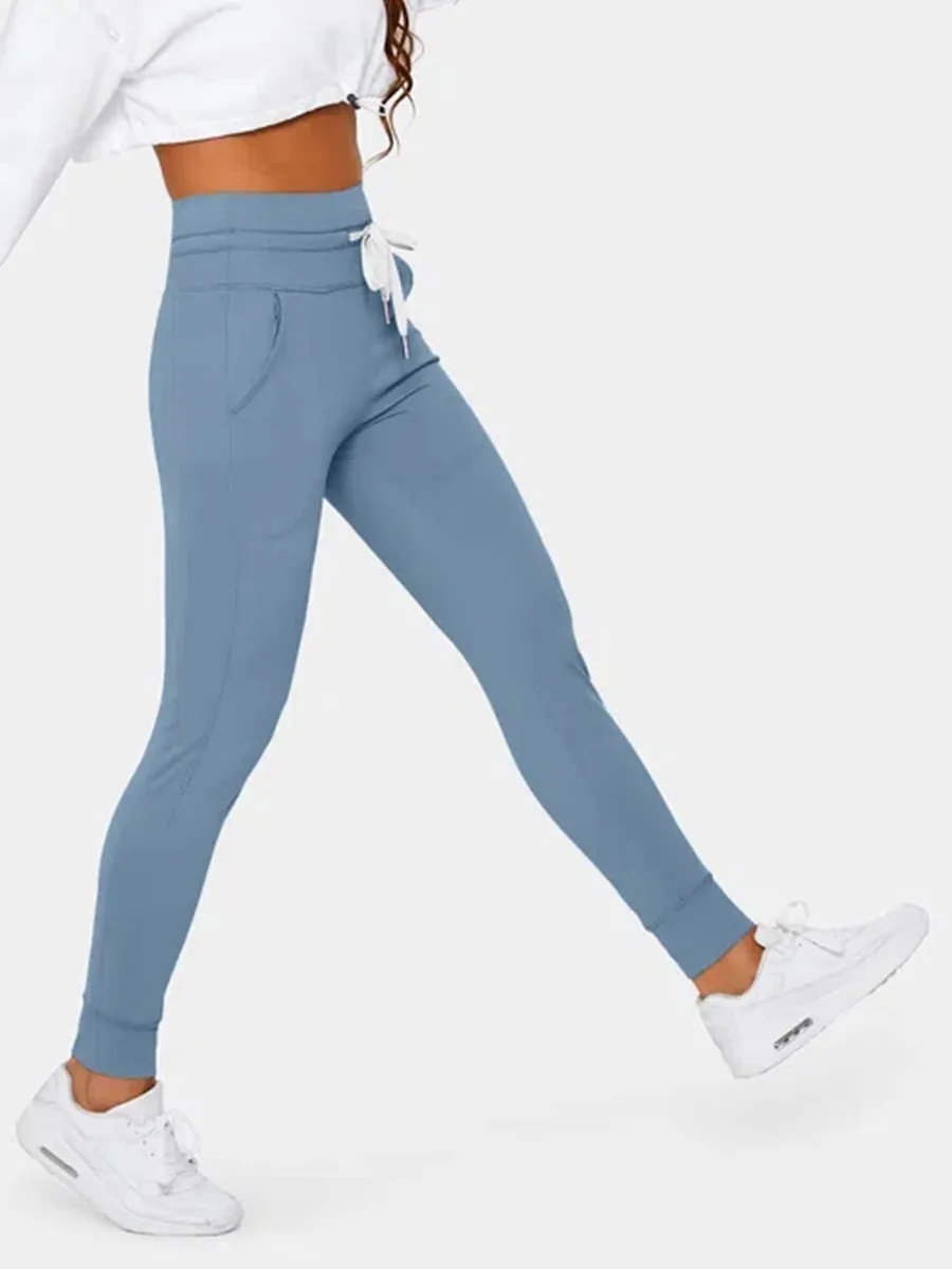 Softlyzero Airy High Waisted Drawstring Side Pocket Plain Full Length Joggers