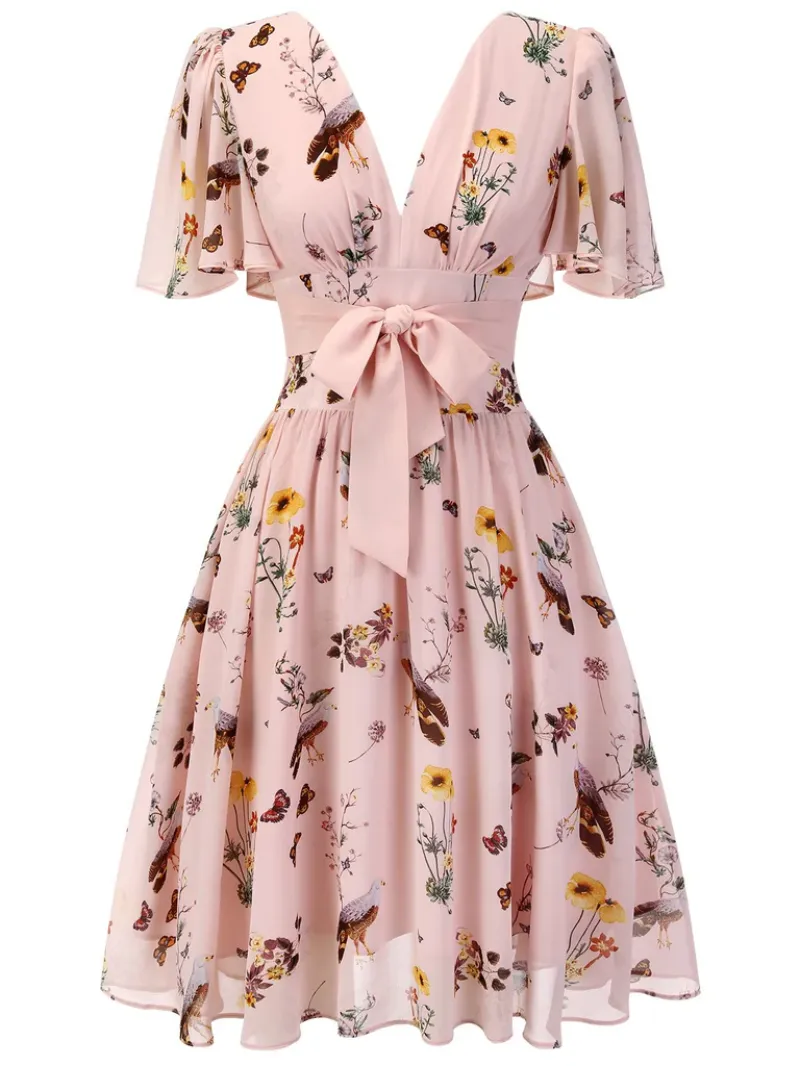 PINK FLOWERS AND BIRDS BOWKNOT V-NECK DRESS