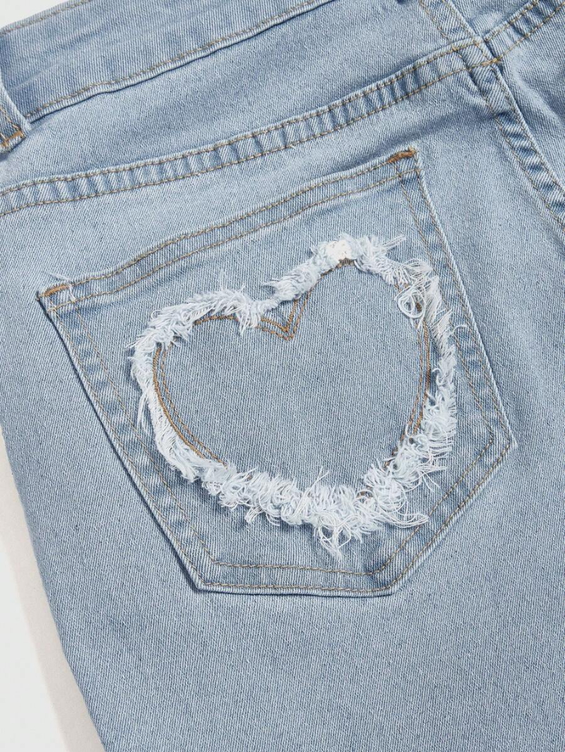 Grunge Punk Women'S Flared Jeans With Rhinestone Heart Ring Decoration, Frayed Hem And Trim