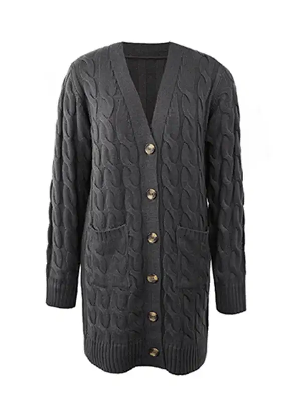 Urban Simple Loose Buttoned Solid Color Jacquard Cardigan Coat