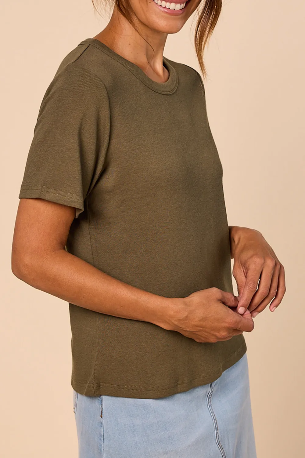 Adrift Ribbed Tee In Khaki