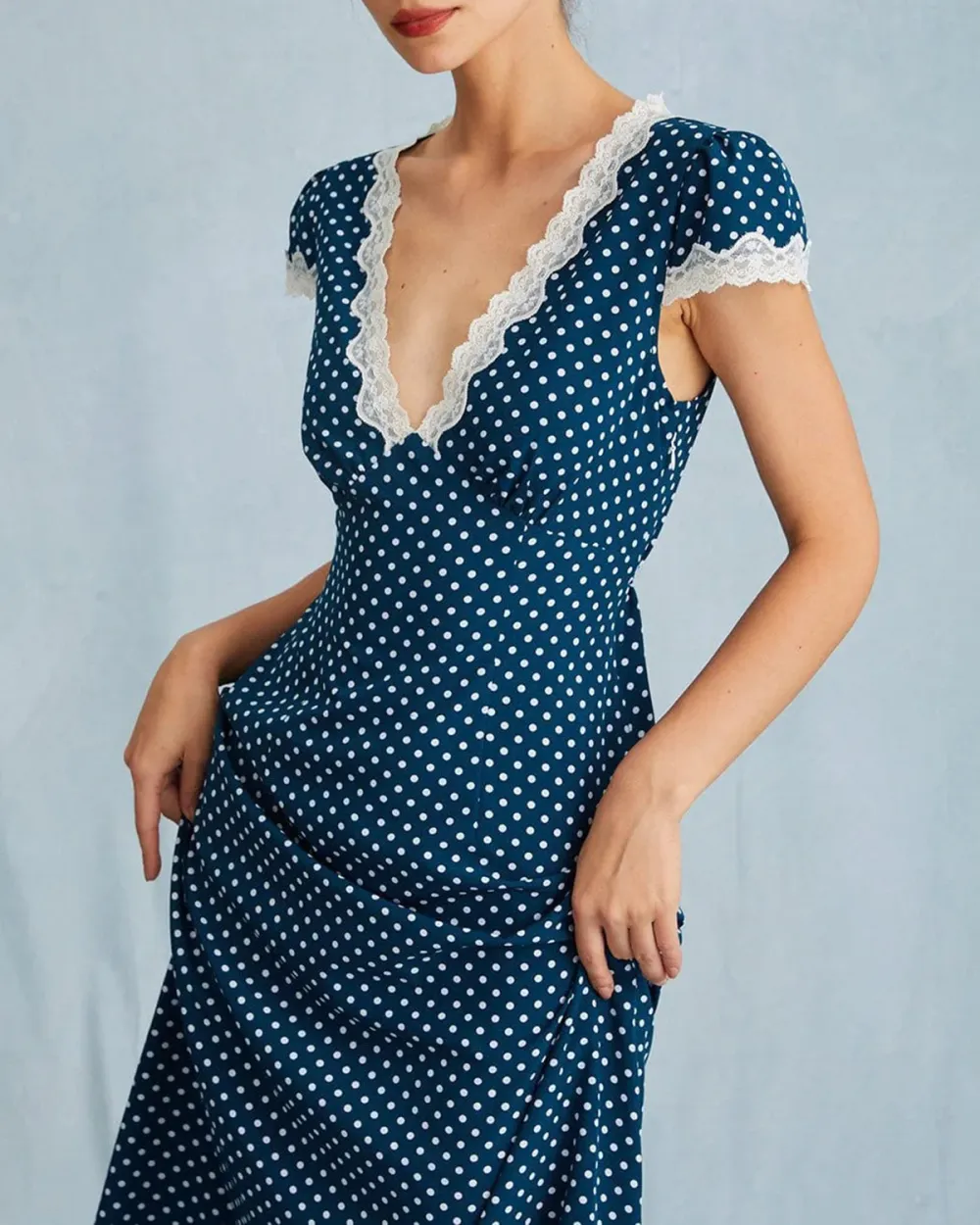 Blue Polka Dot Lace Sleeve Dress