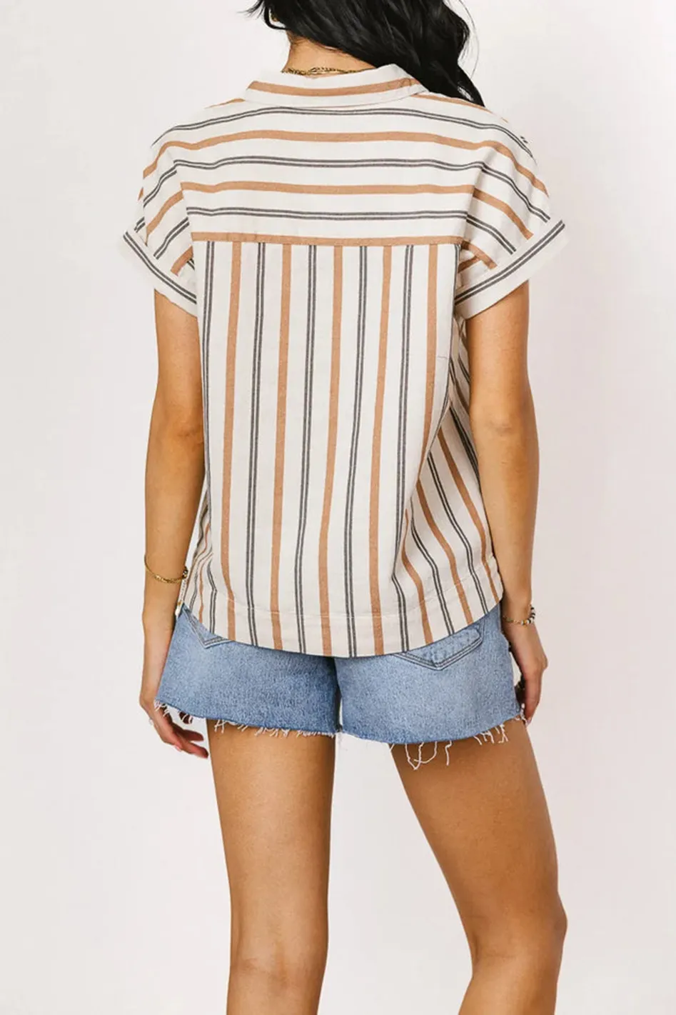 GABBY STRIPED BUTTON UP IN TAN