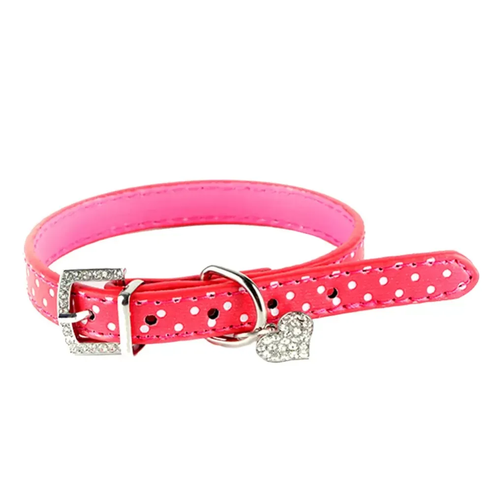 Lovely Small Pets Dog Cat Collar Polka Dot Pattern Dog Collar leather with Heart Crystal Pendant pet products