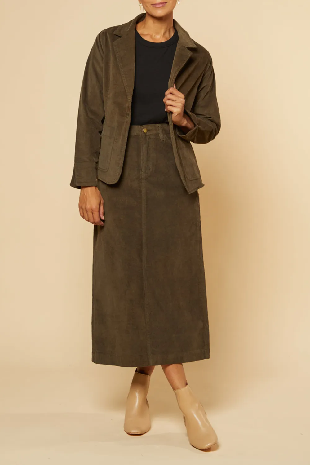 Adrift A-Line Brushed Cotton Skirt in Olive