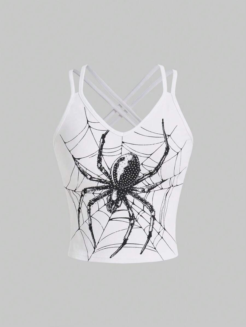 Goth Sexy Spider Web Print Rhinestone Studded Tight Tank Top With Double Shoulder Straps And Backless Design