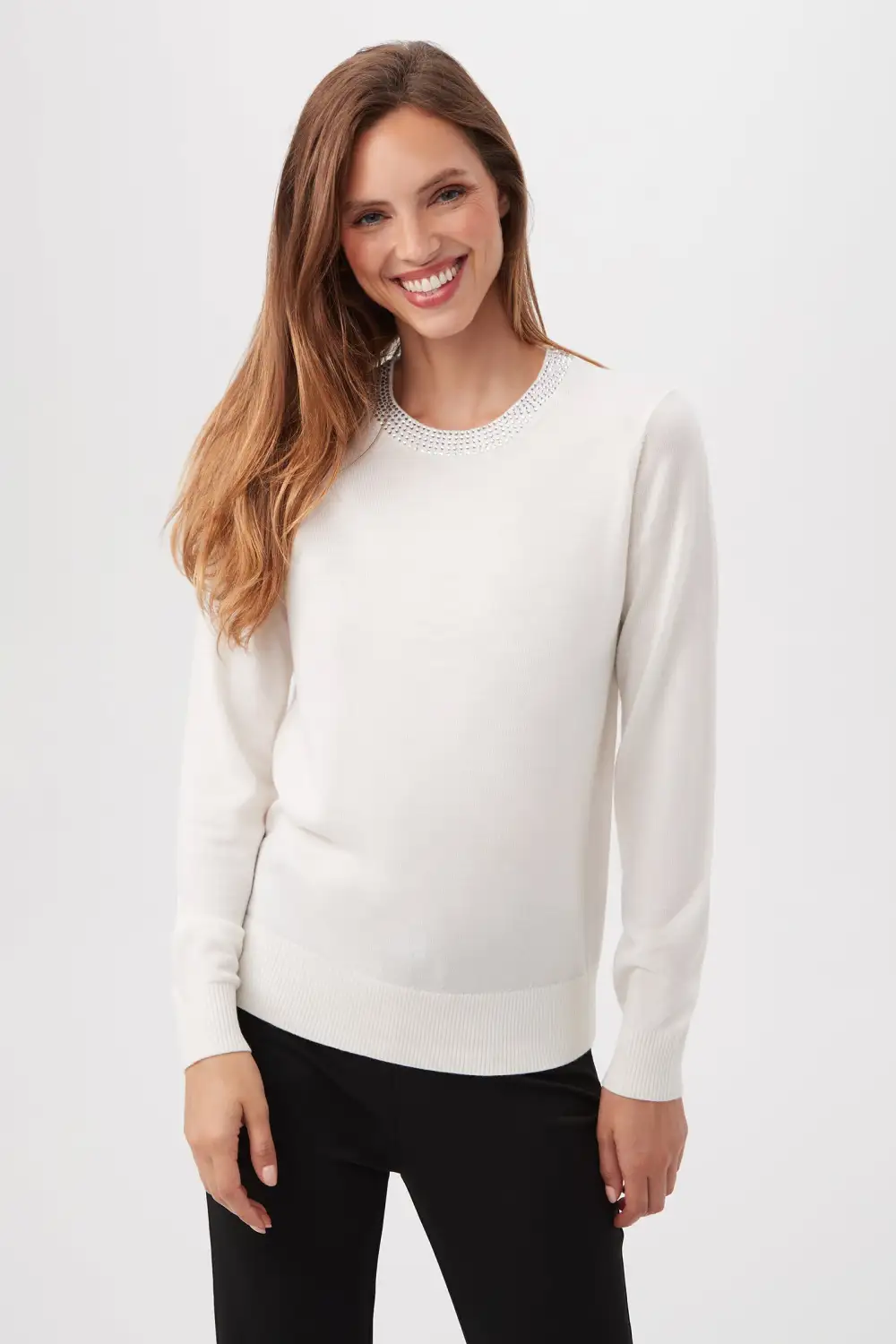 LAELIA RHINESTONE TRIM MERINO WOOL SWEATER