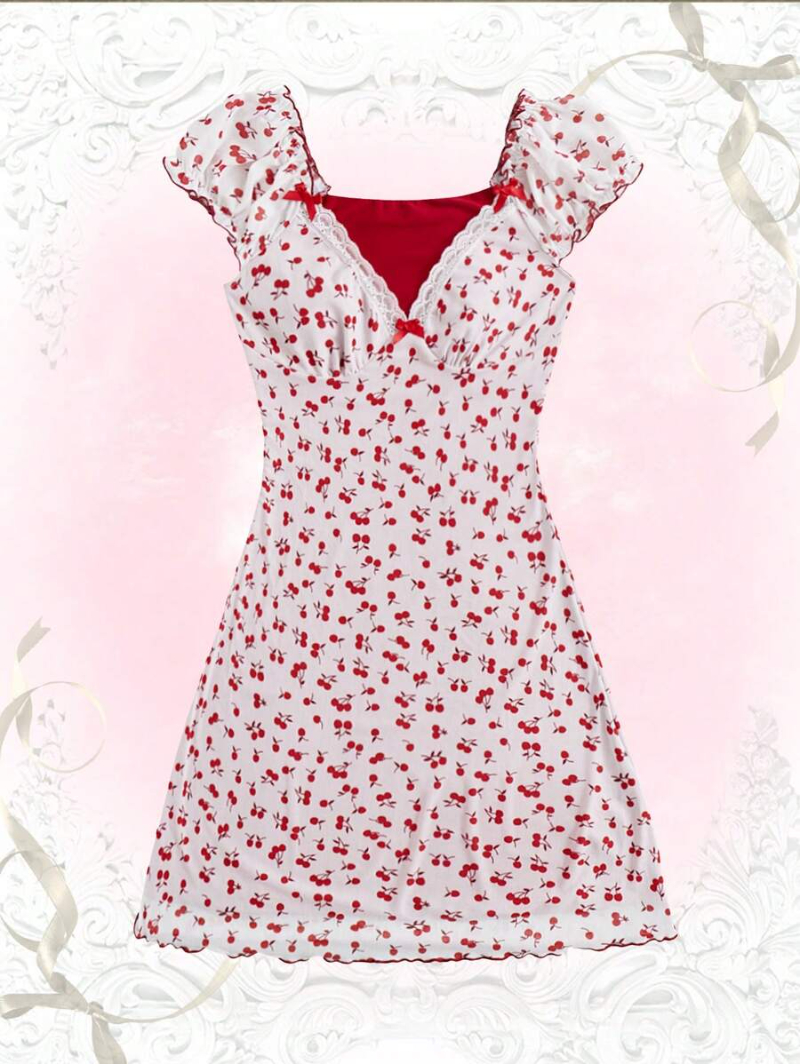 Kawaii Cherry Print Bow Front Dress