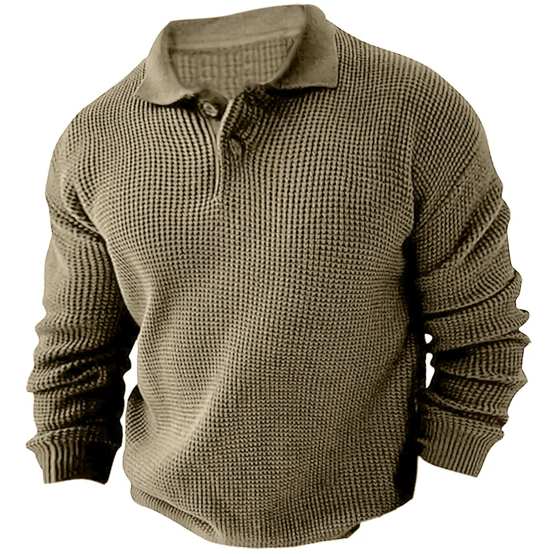 Men's Vintage Long Sleeve Pol Casual Quarter Button Up Lapel Collar Fall Winter O Sweater