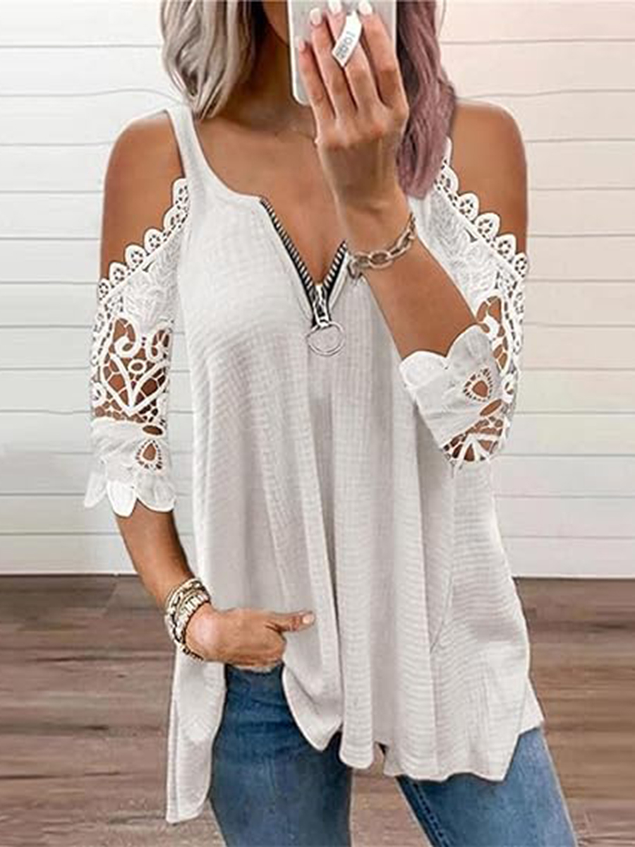 Cutout zipper sleeves V-neck belted casual shirt