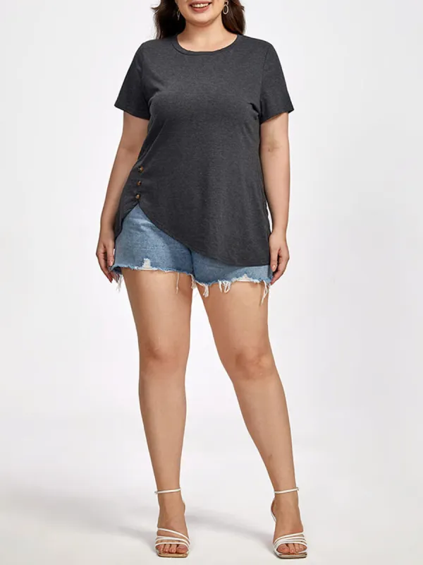 Plus Black Round Neck Button Ditsy Hem Tee