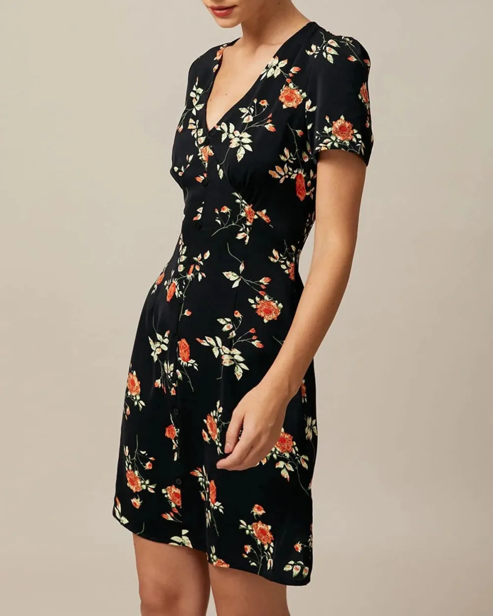 V-neck black floral print dress