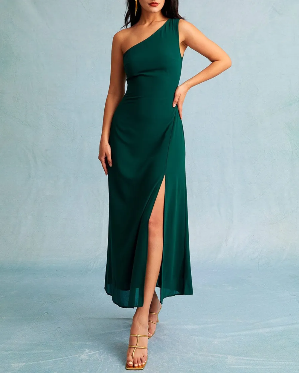 Dark green slanted neckline dress