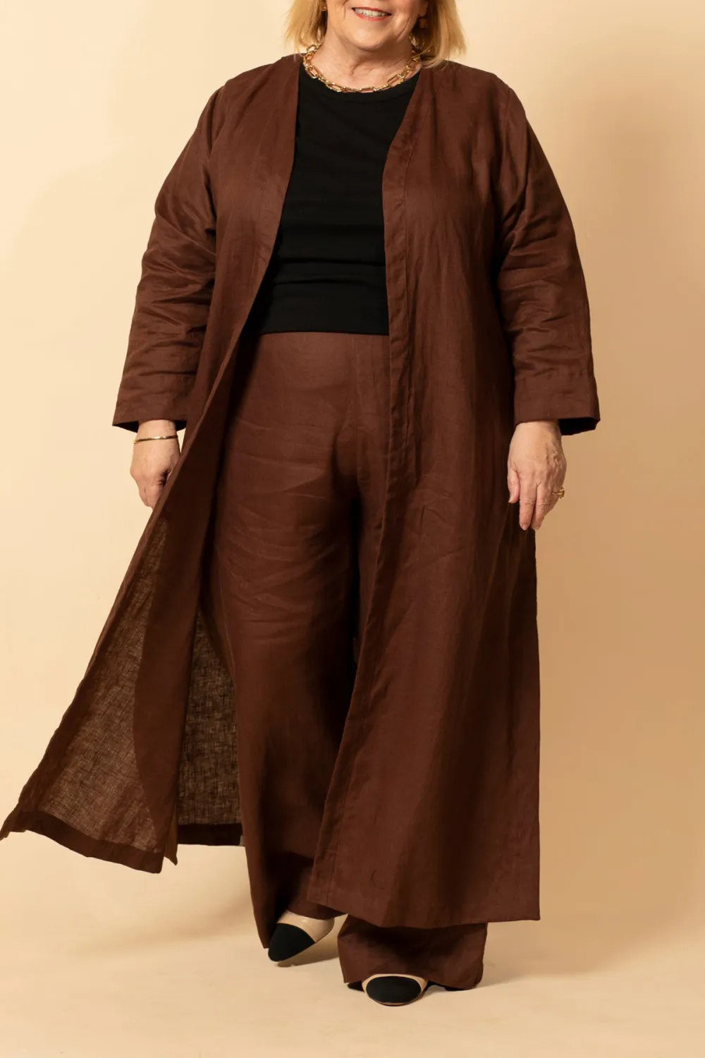 Long Line Linen Duster Jacket In Raisin