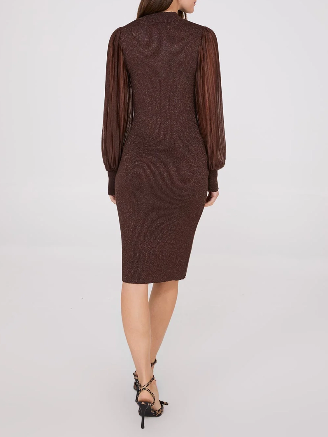 Metallic Mock Neck Midi Dress With Plisse Sleeves