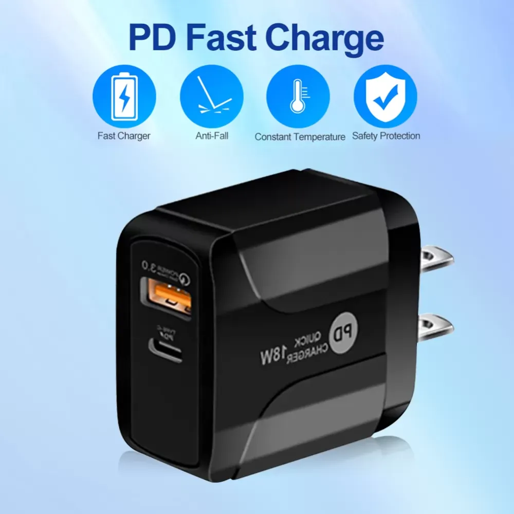 US Plug Quick Charge 3.0 + 18W PD USB Wall Phone Charger Adapter Travel Home Lighting Charger Storage Device of Charging