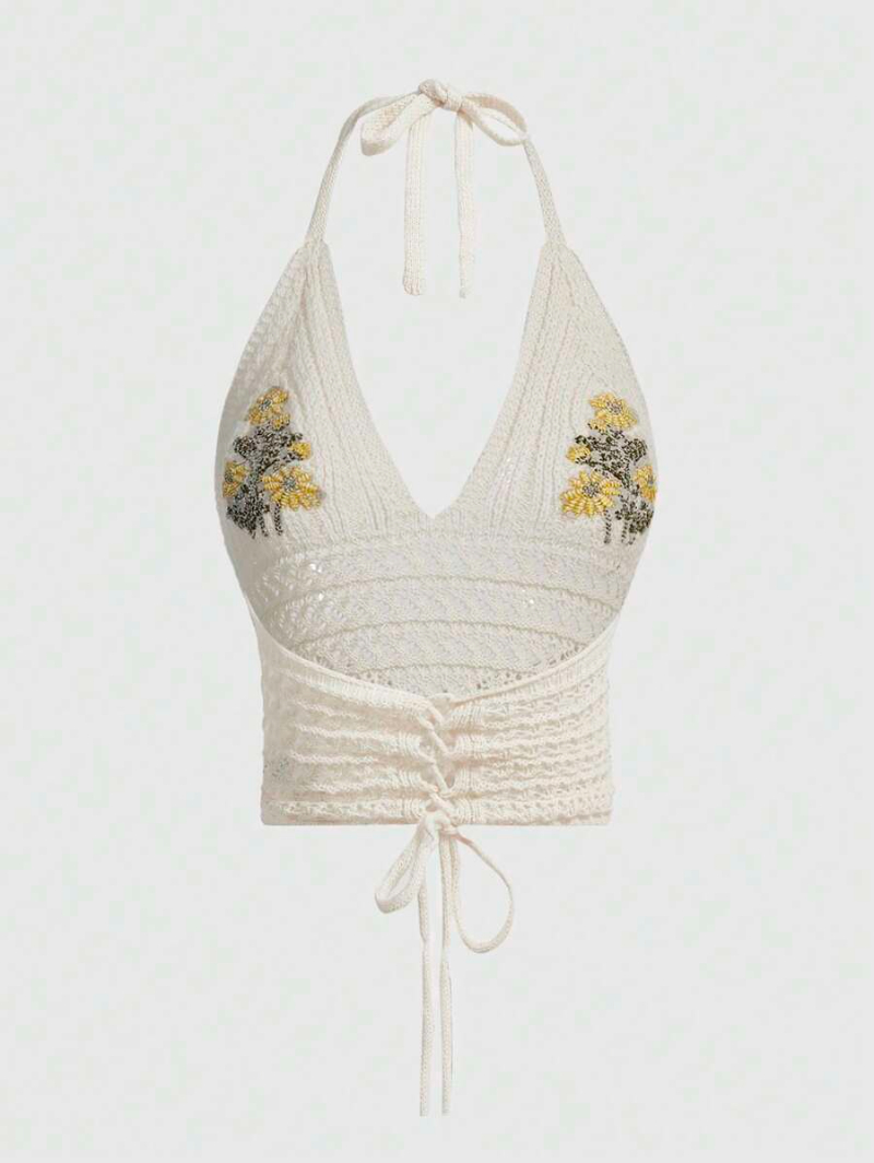 Fairycore Summer Crochet Beach Daisy Embroidery Halter Knit Top