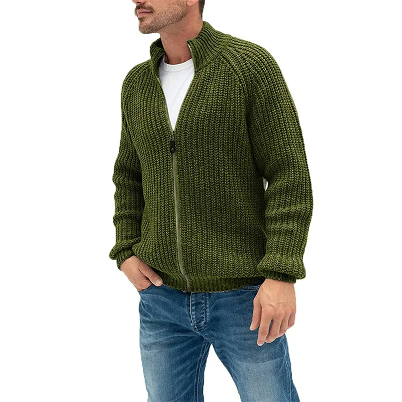 Men's fall and winter sweater cardigan solid color zipper turtleneck thick knit coat woolen sweater