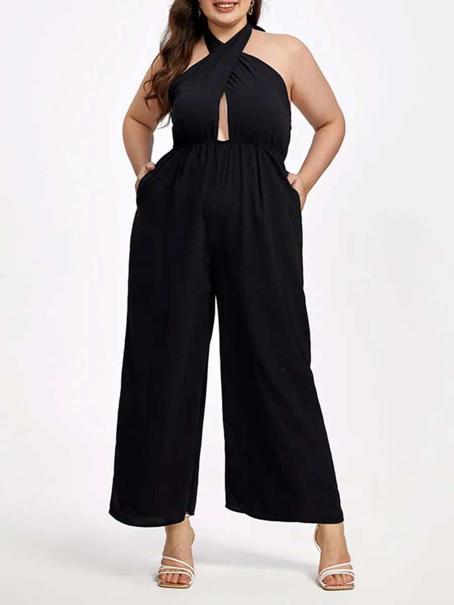 Plus Black Halter Crisscross Pocket Elastic Waist Wide Leg Jumpsuit