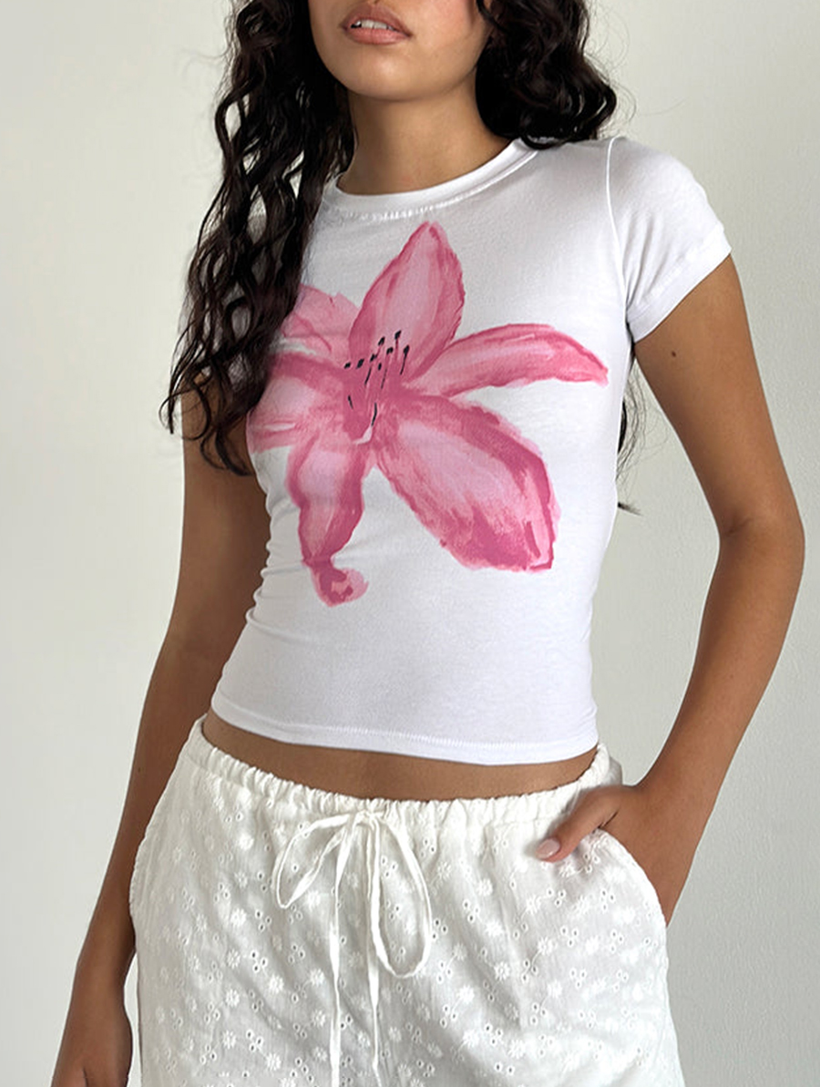 White With Painted Flower Pink Sutin Tee