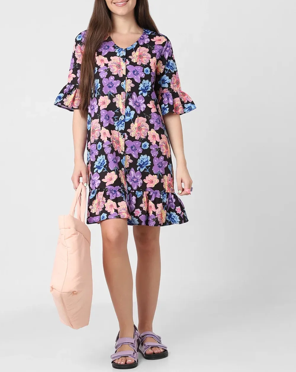 Black Floral Print Tunic Dress