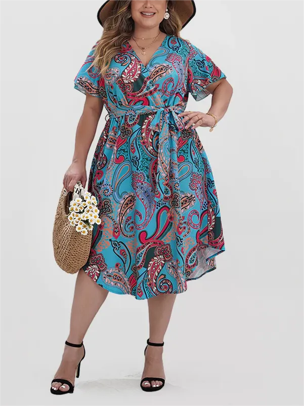 Paisley Print Wrap Belted Curve Hem Dress