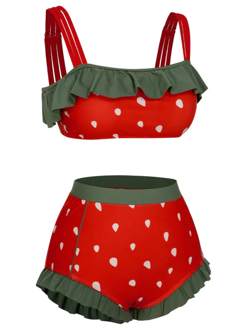 RED 1950S STRAWBERRY RUFFLE STRAP SWIMSUIT