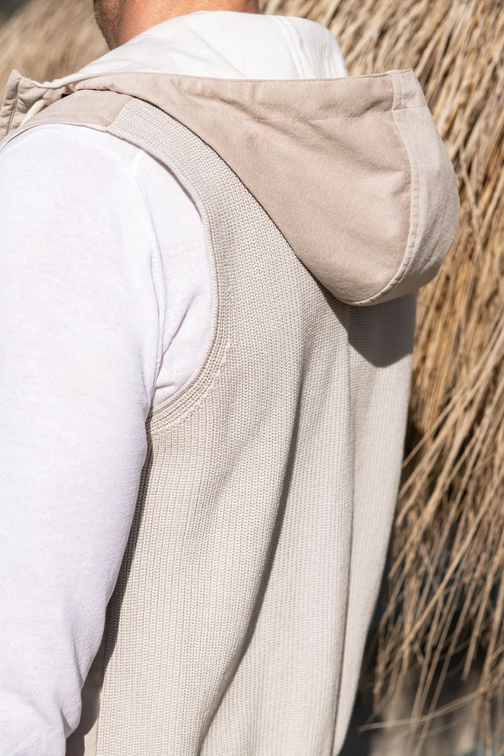 SAND ALCANTARA HOODED VEST