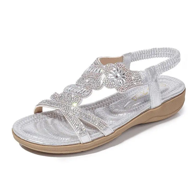 Cilool Flat Bottom Large Size Fashion  Silver Gold Party Diamonds  Sandals