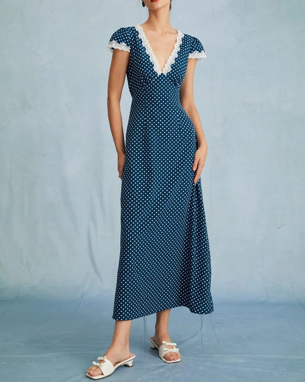 Blue Polka Dot Lace Sleeve Dress