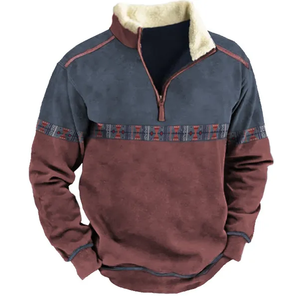 Men's Aztec Quarter Zip Color Contrast Winter Sweatshirt